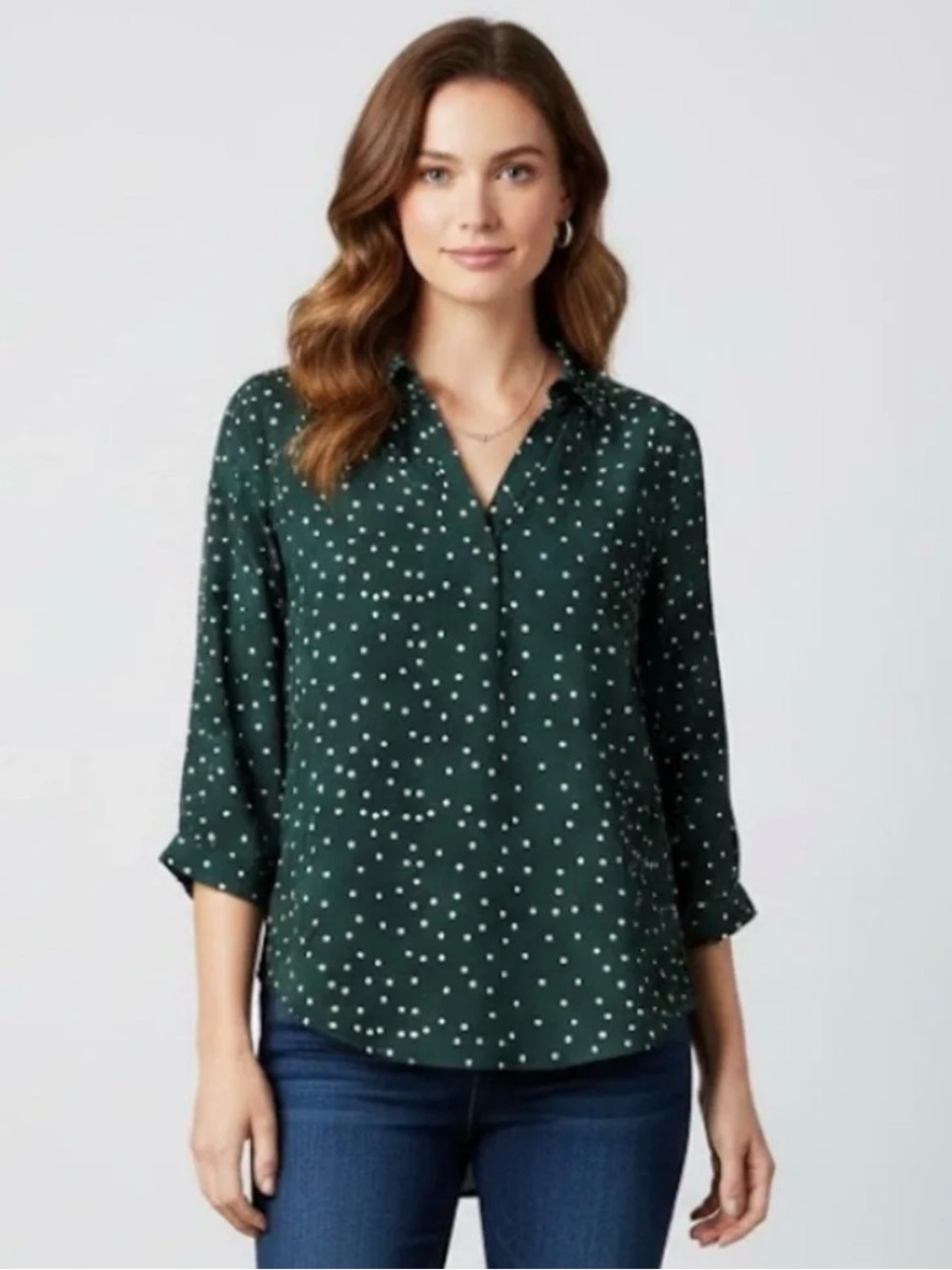 Sezane Dark Green Polka Dot Button-Down Blouse